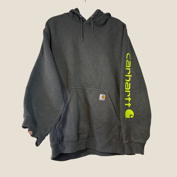 Carhartt Mens Loose Fit Gray Hoodie Neon Sleeve Logo Kangaroo Pocket Size XL - Picture 1 of 9